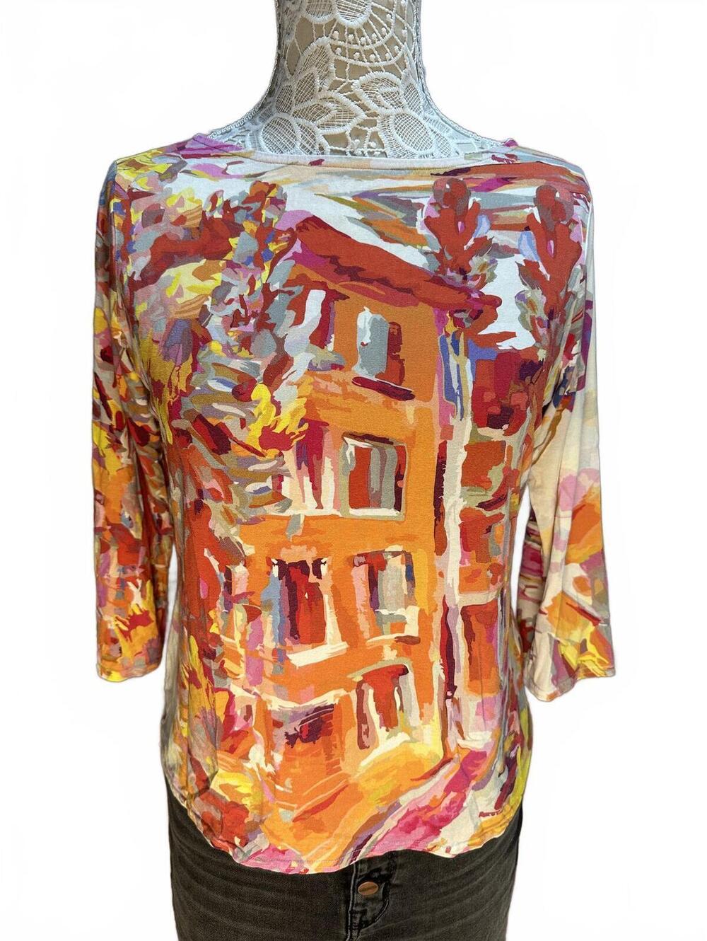 Peck & Peck Artistic Abstract Print 3/4 Sleeve Top